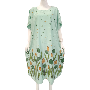 Women Floral Print Cotton Loungewear Dress Knee Length Short Sleeve Round Neck Casual Loose Fit Spring Wear - Product Image 1