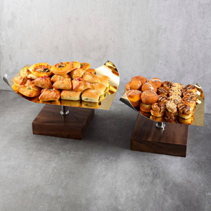 Modern Style <b>Cake</b> <b>Stand</b> Featuring A Curved Polished Gold Metal Wing Plate Atop A Square Natural Wooden Block Base <b>Stand</b> For Home - Product Image 5