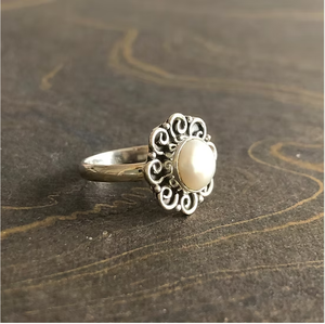 Dainty Natural Pearl Statement Flower Pattern <b>Ring</b> - 925 Sterling <b>Silver</b> Minimalist Everyday <b>Stacking</b> Jewelry - Product Image 3