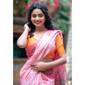 Sari en coton Chanderi rose bébé imprimé Pichwai avec bordure tissée en zari, vêtements indiens et pakistanais - Product Image 2