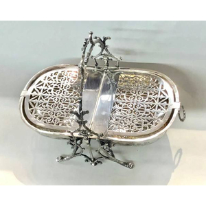Silver Plated Folding Biscuit Box Antique Scalloped Shell Design Stand with Handle for Home Decoration or Serving - Product Image 1