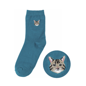 Women's Crew <b>Socks</b> Teal Color <b>Cat</b> Embroidery Pattern Daily Wear Spring Season Regular Style Knitted <b>Socks</b> - Product Image 1