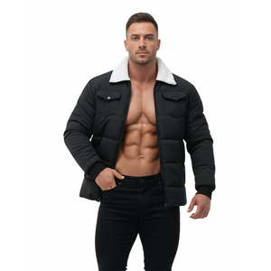 Chaqueta acolchada negra con cuello de sherpa para hombre, abrigo cálido con cremallera y bolsillos con solapa, ropa exterior informal para exteriores - Product Image 4