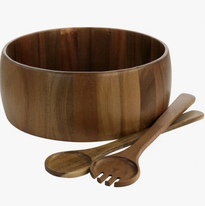 Bol de service rond en bois avec cuillères à salade, design minimaliste fait main pour les fêtes - Product Image 1