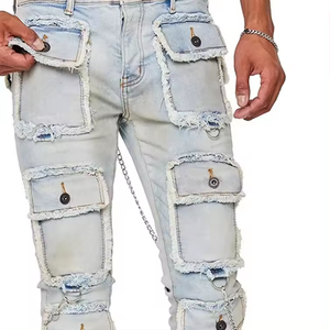 Men's Cargo <b>Jeans</b> Denim Pants With Multiple Pockets <b>Chain</b> Detail Distressed Wash Hip Hop Style Spring Cotton Regular Fit - Product Image 4