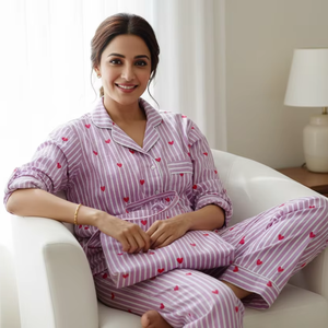 Robe de nuit 100% coton à manches longues, pyjama doux et léger, ensemble de vêtements de nuit en deux pièces pour femmes et hommes pour l'été - Product Image 1