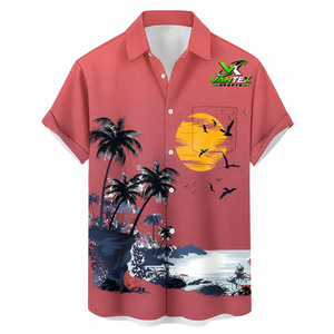 Chemise Hawaïenne Homme Vantex Sports Imprimé Palmiers Rouges Coucher de Soleil Manches Courtes Vacances Été Respirante 100% Polyester Décontractée - Product Image 1
