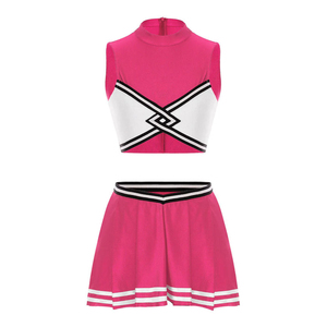 Pink Cheerleading Uniform Set Color Blocked Crop Top And Skirt Adult Spandex Polyester Costume - Product Image 1