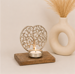 Handmade Tree Of Life Metal <b>Tea</b> Light Candle Holder On Rustic Solid Wood Base Decorative Table Centerpiece For Boho Home Decor - Product Image 2