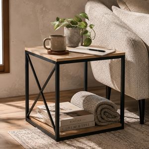 Table basse moderne en cuivre et bois avec cadre métallique, étagère de rangement peu encombrante, meuble de salon industriel, table d'appoint non pliable - Product Image 1