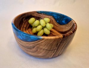 Bol de service de luxe fait main en bois de burl incrusté de turquoise, bol artistique en pierre de turquoise naturelle, turquoise terre, pour mariage - Product Image 3
