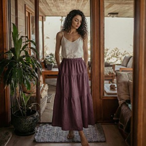 Falda larga de lino con volantes para mujer, cintura alta |   Falda informal de verano con cintura elástica |   Ropa de Mujer Personalizada al por Mayor - Product Image 4