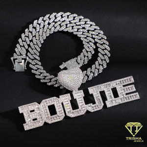 Moissanite Diamond HIP HOP <b>Block</b> Name Pendant With Iced Out Sparkling <b>Letter</b> Design Heart Accent And Gold Tone Cuban Link Chain - Product Image 5
