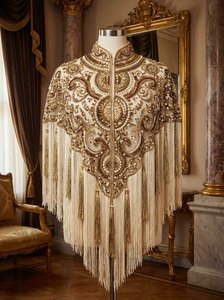 Poncho de luxe à franges perlées dorées, orné à la main de sequins, idéal pour les mariages et soirées – Fournisseur en gros - Product Image 4