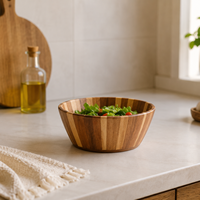Grand saladier en bois d'acacia fait main de 12 pouces pour servir les fruits |   Table de salle à manger de style moderne et rustique, écologique et durable