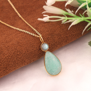 Hip hop necklace natural labradorite amazonite cabochon gemstone pendant necklace 18k gold plated brass jewelry chain necklace - Product Image 2