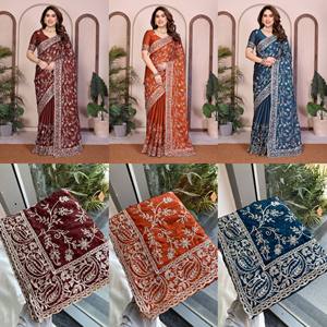 Sari en soie Rangoli de luxe brodé avec bordure en point de croix Aarco de designer - Product Image 1