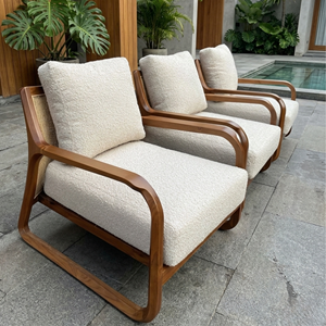 Weatherproof Teak Wood <b>Garden</b> <b>Chair</b> Premium Boucle Cushion Natural Rattan Accent Armchair Modern Sled Base Hotel ResortFurniture - Product Image 2