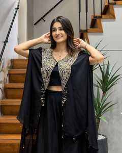 Indian Traditional Star Georgette Sequence & Zari Embroidery Work & Hand Work Coin Lace Western <b>Jacket</b> And Blouse With Palazzo - Product Image 1