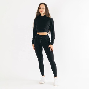 Best Quality Women's <b>Black</b> Cropped Hooded <b>Sweatshirt</b> Long Sleeve Knitted Casual Autumn Wear Solid Color Asymmetric Design Hoodie - Product Image 6
