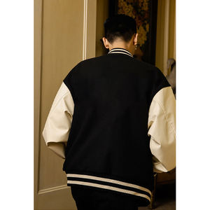 <b>Men's</b> Black And Beige PU Varsity Jacket Turn-down Collar Casual Autumn <b>Pullover</b> Style Regular Fit Solid Color - Product Image 1