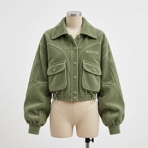 Womens Olive Green Corduroy Utility Jacket With Oversized Collar Cargo Pockets Snap Buttons <b>Balloon</b> Sleeves Wholesale Supplier - Product Image 3