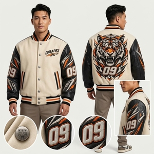 Veste en crème pour homme, veste de baseball, veste letterman, corps en laine, manches en cuir, design brodé, veste bomber d'équipe - Product Image 5