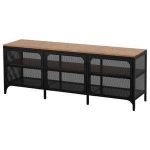 Meuble TV moderne et durable en métal résistant à la rouille avec plateau en bois, étagère de rangement, porte en maille, revêtement poudré, multifonctionnel pour salon - Product Image 1