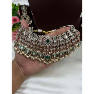 Indian Ethnic Prapti Premium Moissanite Victorian Gold Plated Choker & Earring Set - Product Image 3