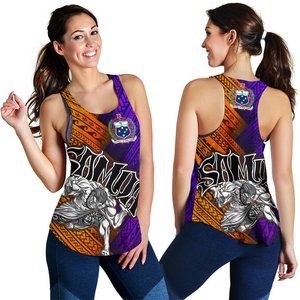 Camiseta sin mangas para mujer Samoa, cuello redondo, estampado floral digital, transpirable, de poliéster tejido, informal, con logo frontal, morado y naranja - Product Image 6