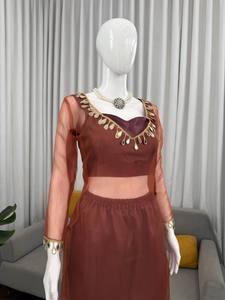 Layered Indian Pakistani Clothing Set Sheer Long Sleeve <b>Top</b> Solid Tunic <b>Net</b> Unstitched Outfit for Festival Wear - Product Image 2