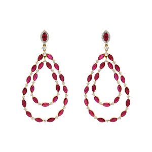 Pendientes Colgantes de Oro Amarillo de 18k con Rubí Natural Marquise y Doble Lágrima de Diamantes, Joyas Memoria, Venta al por Mayor - Product Image 1