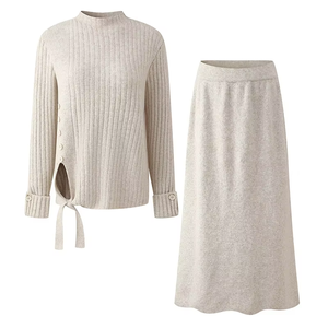 Custom OEM ODM Urban Sets Elegant Long Sleeve Tie-Side Top and Matching Midi <b>Skirt</b> Outfit - Product Image 4