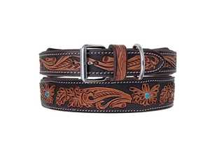 Handmade Western <b>Leather</b> <b>Dog</b> <b>Collar</b> Floral Pattern Jeweled Adjustable Buckle Closure Classic Style All Seasons Use - Product Image 2