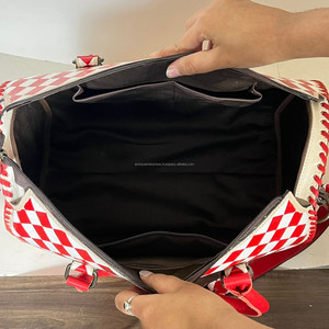 Premium Red & White Checkered Pattern Genuine <b>Leather</b> Travel Duffel Bags Designer Crossbody Large Capacity Travel Weekender Bags - Product Image 6