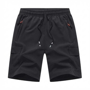 <b>Men</b> Cargo <b>Shorts</b> Black Drawstring Waist Mid Length Breathable Polyester Casual Style Pockets Solid Color <b>Woven</b> Fabric - Product Image 1