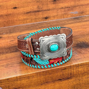 Hebilla de piedra turquesa Vintage hecha a mano y acentos florales coloridos Cinturón informal de lujo de cuero mecanizado a mano de alta calidad para hombres - Product Image 4