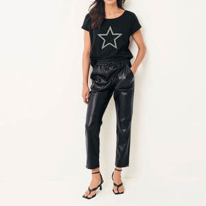 Women's Black T-Shirt With Glitter Star Print Short Sleeve O-Neck Casual Loose Fit Jersey Cotton <b>Top</b> - Product Image 1