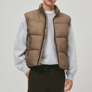 Chaleco Acolchado Marrón para Hombre, Cuello Alto, Cierre de Cremallera, Cortavientos, Informal, Ropa de Invierno, Chaleco Acolchado con Bolsillos - Product Image 4