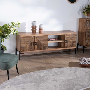 Meuble TV style Vandana Silver Detail en bois d'acacia massif avec pieds en métal Geonidum 160cm, 3 portes et 2 niches - Product Image 1