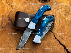 UA Supplies Industrial Grade Outdoor Sports Damascus Steel Pocket Folder Knife Wood Handle Hand Forged Back <b>Lock</b> Razor Sharp OEM - Product Image 6