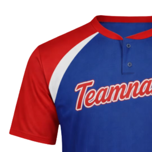 Maillot de baseball personnalisé sublimé pour homme, rayé bleu, rouge et blanc, manches courtes, anti-humidité, logo d'équipe, fermeture boutonnée sur le devant - Product Image 3