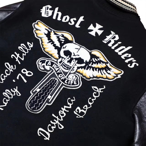 Men's Orange PU Leather Varsity <b>Jacket</b> <b>Punk</b> Style Skull Patch Embroidery Turn-down Collar Regular Fit Autumn Wear Custom LOGO - Product Image 6