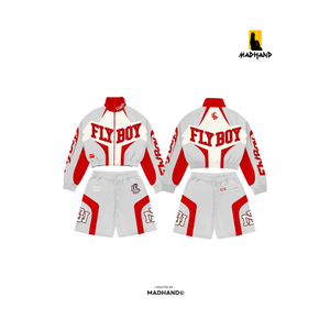 Custom Fly Boy Racing <b>Tracksuit</b> Set | Cropped Windbreaker Jacket & Shorts Two Piece | OEM Streetwear Patchwork Manufacturer - Product Image 1