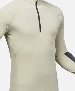 High Quality <b>Women</b> Beige <b>Quarter</b>-<b>Zip</b> Yoga Top Full Sleeve Contrast Binding Solid Color Breathable Spandex Polyester Regular Fit - Product Image 5