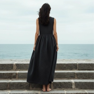 Robe midi sans manches à col en V et manches cloche, taille haute froncée, grande taille, en coton biologique, pour femme, idéale pour l'été et le quotidien - Product Image 2