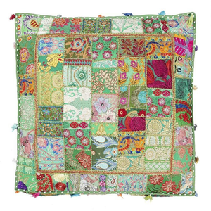 Housse de coussin carrée patchwork style bohème, faite à la main en coton et lin, décoration intérieure, motif vert multicolore - Product Image 3