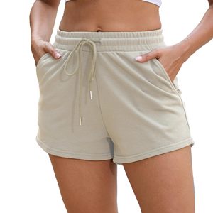 Shorts en coton blanc pour femme, taille mi-haute, cordon de serrage, style décontracté, tissu tricoté, coupe régulière, avec poches, respirant, couleur unie - Product Image 4