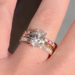 925 <b>Silver</b> Moissanite 4 Ct Oval Cut Yellow Gold Plated Engagement <b>Ring</b> <b>Set</b> with Red & White Color Stone Round Cut Band for Women - Product Image 4
