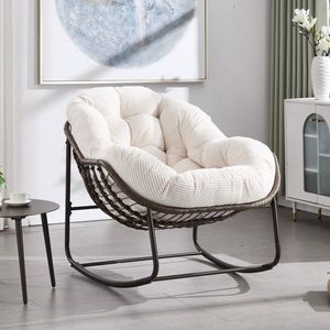 Sedia a dondolo reclinabile in rattan bianco per veranda/patio con cuscino imbottito - Product Image 2